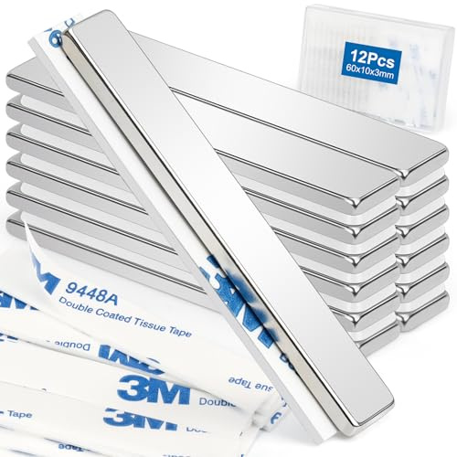 Wzone Adhesive Magnets Strong, 60×10×3mm | 12 Pack Flat Magnets Strips, Large Bar Magnet for Offices, Wooden Boards and Walls