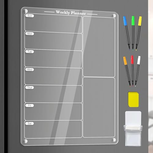 Staiko Magnettafel für Kühlschrank aus klarem Acrylglas - Wochenkalender inklusive 6 Stifte - Trocken abwischbare Magnet-Planner für die Küche