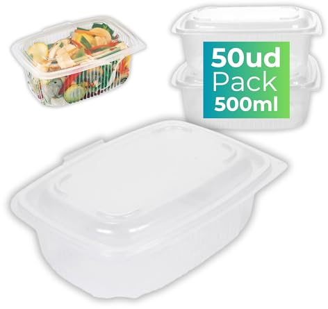 IAMI Fiambreras 500 ml | Pack 50 Envases con Tapa Bisagra | Microondas | Polipropileno transparente | Apilables y reutilizables | Aptas para lavavajillas | Uso alimentario seguro