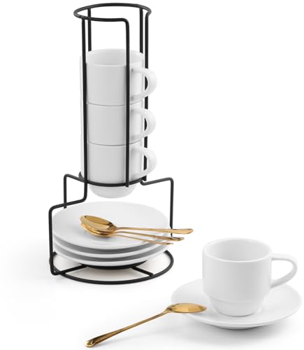 Lareina 3-Ounce Espresso Cups with Saucers, Spoons and Metal Stand, Small Stackable Coffee Cups Set of 4, Ceramic Demitasse Mugs, Gift for Housewarming or Wedding, White