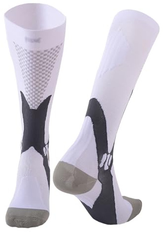 Calcetines Medias de Compresión Mujer y Hombre. Medias Altas para Running o Ciclismo con Tecnología Compresiva Graduada. Largos de Deporte. (Número 40-46, Blanco)