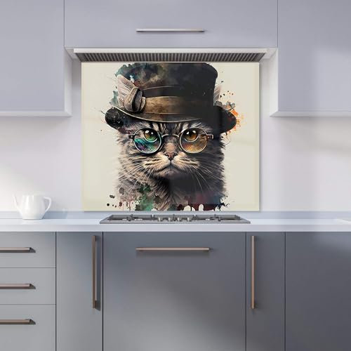 Premium Cat With Glasses And Hat Splashart Kitchen Splashback 6mm Toughened Glass Kitchen Splashback – Heat Resistant Splashback for Kitchens, Perfect for Cookers and Hobs, Polished Edges