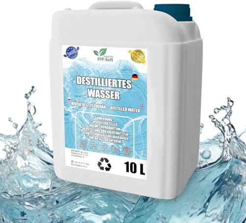 10 Liter destilliertes Wasser 100% reines | Demineralisiertes Wasser 10 Liter - destilliertes Wasser geeignet für Bügeleisen, Luftbefeuchter, Batterien und vieles mehr