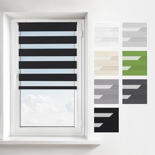 Estika Doppelrollo Klemmfix ohne Bohren – Breite: 90 cm – Höhe: 150 cm – Farbe: Schwarz – Jalousie für Innenfenster, Duo-Rollo, Fensterrollo innen