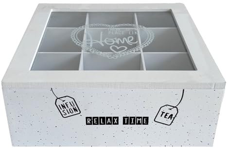 MA MAISON Scatola Porta Tè 24x24h cm con 9 Scomparti - Organizer per Bustine di Tè e Tisane, Arredo per la Cucina, Bar, Ufficio - Colore Bianco Coperchio in Vetro e Contenitore con Scritte