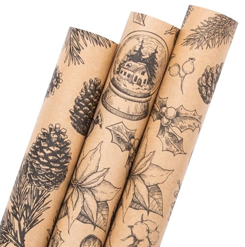 Wikadlik Kraft-Weihnachts-Geschenkpapier, 3 Mini-Rollen, braunes Geschenkpapier, Beeren-Weihnachtsstrumpf, Lebkuchen- und Tannenzapfen-Design, 43,5 cm x 3 m pro Rolle
