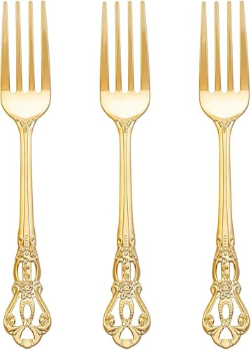 Joyido 75PCS Gold Plastic Forks - 8.1inch Gold Forks Disposable - Vintage Heavy Duty Dessert Forks - Premium Fancy Plastic Silverware for Parties, Weddings, Dinners and Events