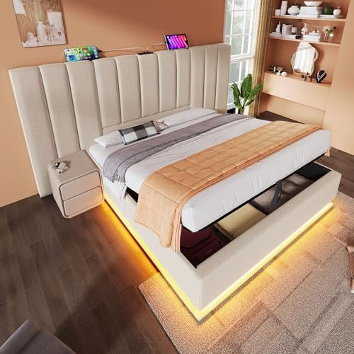 EINHOM Bett 180x200 cm, Polsterbett mit App Control LED-und USB-C Ladefunktion, Doppelbett Stauraumbett mit Lattenrost, Leinen-Material, Ohne Matratze und Nachttisch, Beige