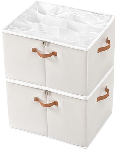 Creahaus 2 Pack Multipurpose Shoe Storage Box with Clear Lid, 32 Cells Shoe Box Organiser Containers with 3 Handles, Foldable Wardrobe Shoe Storage Boxes for Sandals, Kids Shoes (White)