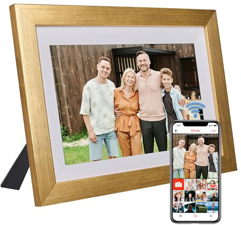 VONDRA Marco de Fotos Digital WiFi - Moldura Digital en Madera Natural con 32GB Memoria Digital Photo Frame Pantalla Táctil 10.1” Rotación Auto Soporte USB/SD Comparte Fotos con Frameo Android/iOS