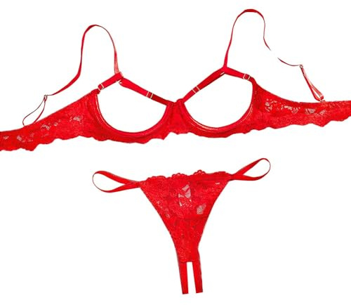 Generisch Conjunto de lencería con aros y encaje floral transparente, trajes para mujer, sujetador transparente y bragas, 2 piezas de lencería de copa abierta, Rd3, XL