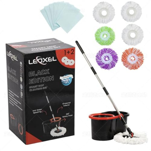 360° Spin Mop for Hard Floor – Cleaning Mop and Buckets Sets System with Easy Wring, 6 Reusable Microfibre Mop Heads & Extra 30 Wipes – For Hardwood, Tile, Laminate, Vinyl Floors – Black