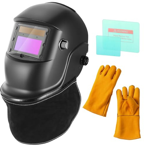 BOSYTRO Masque de Soudage, Casque de Soudage à Assombrissement Automatique, Batterie Remplaçable, avec 2 Films de Protection + Tunique de Protection du Cou, Teinte Réglable 9-13 pour Arc Cut Grind