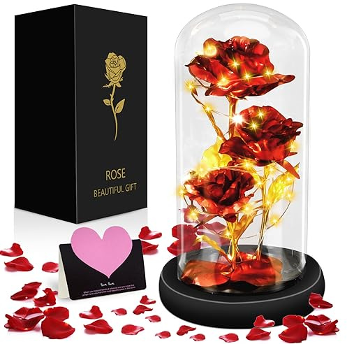 MOYKSSR Ewige Rose, Glaskuppel mit 3 roten Rosen und einem schwarzen Holzsockel, Hausdeko, Überraschungsgeschenk zum Valentinstag, Muttertag, Geburtstag, Jahrestag