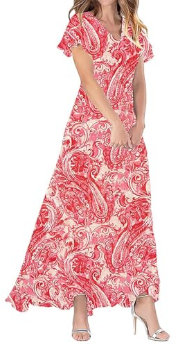 PAIDAXING Maxi Dresses for Women UK Elegant Floral Print Summer Chiffon Dress Ruffle Short Sleeves V Neck Boho Beach Dress Ladies Flowy Wedding Guest Long Dresses Casual A Line Vacation Sundress