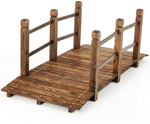COSTWAY Brücke, Teichbrücke Gartenbrücke, Holzbrücke mit Geländern, Zierbrücke bis 180 kg belastbar, aus massivem Tannenholz, Dekobrücke für Garten Teich Außenbereich, 150 x 67 x 55 cm, Braun