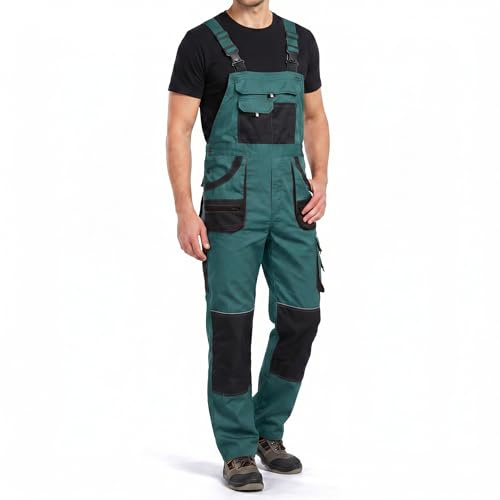 Stenso EM Salopette De Travail Homme - Salopette Homme Avec Bretelles Réglables, Genoux Renforcés, Poches Multiples Dont Cargo Et Arrière, Tissu Oxford 600D, Poche Pour Genouillères Vert - 52