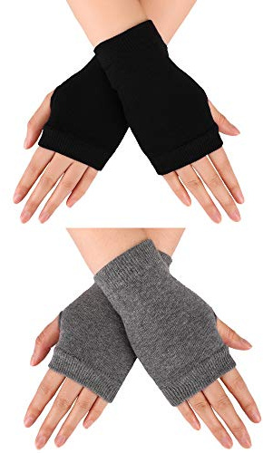 Blulu 2 Pair Winter Fingerless Gloves Warmers Wrist Soft Knitted Flexible Typing Driving Gloves for Women Men in Common Size(Black, Gray,One Size)