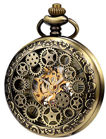 TREEWETO Montre de Poche mécanique Homme, Montre de Poche Vintage, Steampunk Gears Séries Squelette Cadran en Chiffres Romains, Boîtier d'acier Inoxydable Bronze, pour Homme Femme
