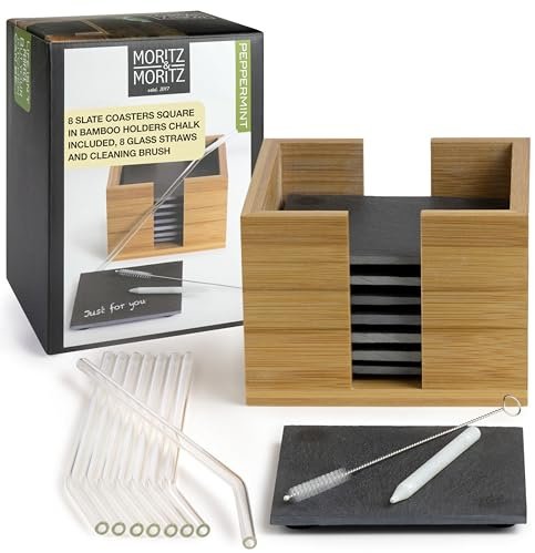 Moritz & Moritz 8X Untersetzer Gläser Schiefer Eckig 10 x 10 cm mit Glasstrohhalme 19 teilig - Glasuntersetzer Rund mit Box Glashalmen Bürste Kreidestift - Für Gläser und Tassen