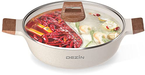 DEZIN 5-QT Double-flavor Shabu Pot with Divider, Dual Sided Nonstick 12 Inch Divided Hotpot for Induction Cooktop, Gas Stove & Hot Burner, Soup Ladle Included