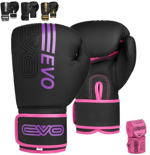 EVO Fitness Matte Black Boxing Gloves MMA Muay Thai Martial Arts Kick Boxing Sparring Training Fighting Men Punch Bag Women Pink Gloves With Hand Wraps (Pink, 12 OZ)