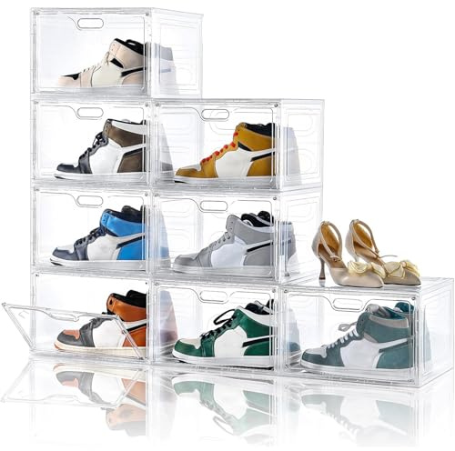 Amllas 8 Pack Shoe Boxes Clear Plastic Stackable, Large Shoe Storage Organizer with Lids,Drop Side Shoe Containers for Entryway,Sneaker Storage Fit up to US Size 13 (13’’x 10.6”x 8.3”)