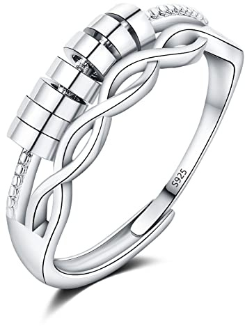 Josfeva Bague anxiety en argent sterling 925, ouverte, réglable, anti-stress, anneau de décompression avec ruban, anneau anti-angoisse infini, bague fidget, bague à presser pour femme et fille, 50