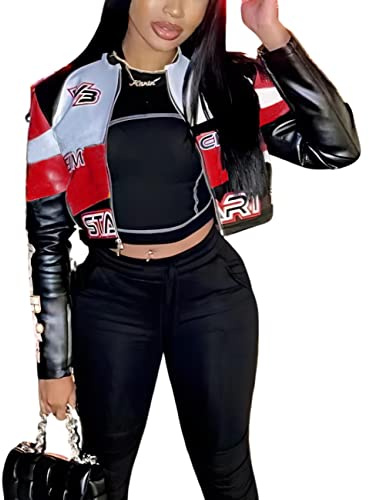 VOIKERDR Zipper Short Bomber Jacket for Women Moto Biker, Faux Leather