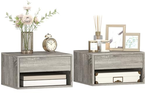HOMCOM 2er-Set Wand-Nachttisch Nachttisch - ausziehbare Schublade, Nische, Tablett - aus Holz Abm. 37L x 32l x 21H cm Grau