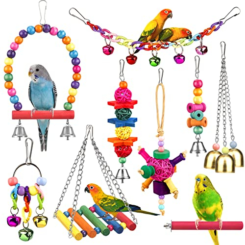 Bird Toys for Conures with Colorful Ladder Hammock Cage Accerious Bird Perch Stand Chewing Toys Hanging Bell Parrot Parakeet Cockatiel Lovebirds