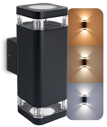 SSC-LUXon ATUNI Außenwandleuchte Up & Down schwarz IP54 5W 3 Lichtfarben | Schwarze Außenwandleuchte Up & Down mit GU10 LED 5W - warm / neutral / tageslicht, wetterfest IP54, für Terrasse & Balkon