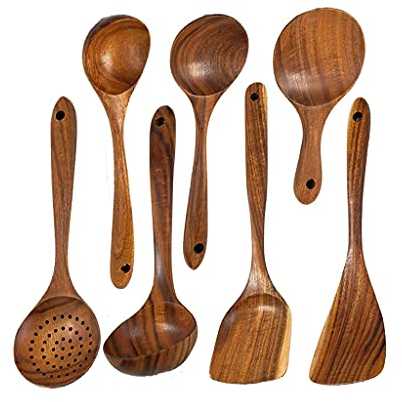 TONZN 7 unids/Set vajilla de Madera Natural de Teca Cuchara Cuchara con colador Especial Nano Espumadera para Sopa Cuchara de Cocina Herramienta de Cocina de Madera