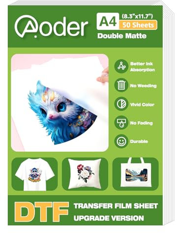Aoder DTF Transferfolie, A4 (21,1 x 29,7 cm), 50 Blatt, doppelseitige matte DTF-Folie, klares PreTreat PET-Transferpapier für T-Shirts, Textil, A4 DTF Transferfolie für Epson Tintenstrahldrucker