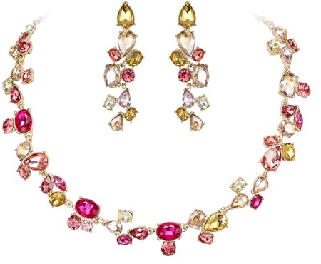 Clearine Set di gioielli con collana e orecchini con strass e cristalli a goccia, per donne e ragazze, per costumi da festa, da sera, fuchsia/champagne color oro, cristallo