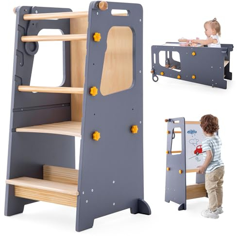 4 in 1 Toddler Kitchen Tower, Kids Kitchen Stool Helper, Standing Tower with Convertible Table and Chair, Toddler Step Stool with Adjustable-Height,Whiteboard and Safety Rail for Counter Sink (Gray)