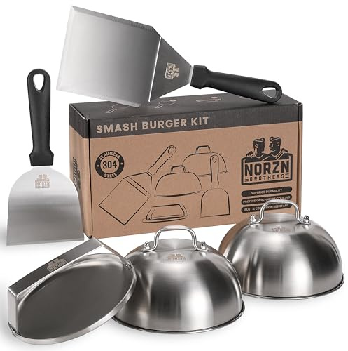 Norzn Brothers® Kit Smash Burger – Presse Smash Burger, Presse Burger, Smasher Burger, Kit Burger, Spatule Plancha, Cloche plancha, Acier INOX 304, Certifié Contact Alimentaire, Garantie 10 Ans
