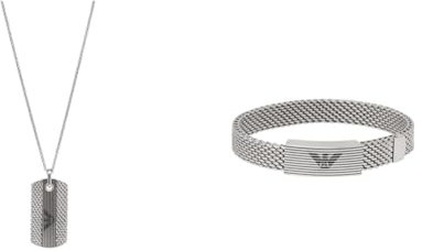Emporio Armani Herren Silberfarbene Edelstahl Halskette und Armband, Set