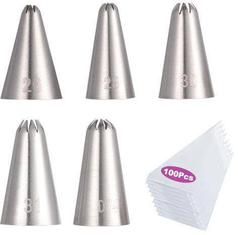 YGCQFH Kit di 5 ugelli per tubazioni con 100 sac à poche usa e getta da 24 cm, in acciaio inox, mini ugelli per tubazioni, strumenti per decorare torte, biscotti fai da te