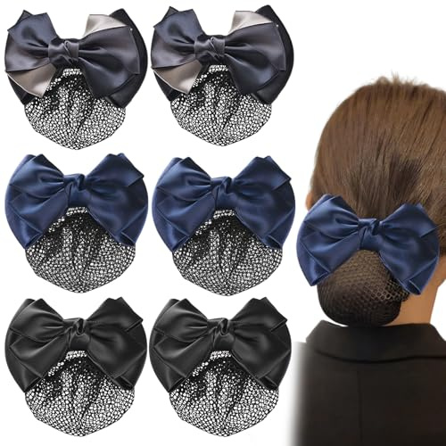 6 PCS Bowknot Hair Nets Professional Hair Bun Cover Non-slip Hairclips Bow Satin Ribbon Snood Net Elastic Mesh Hair Clip Bowknot Hairclip Hairnets for Nurse Bank Worker Air Hostess