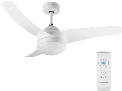 UNIVERSALBLUE Ventilador de Techo Blanco Luz Bombilla 106 cm, 3 Aspas, Control Remoto, 70W, Temporizador, 15m², 3 Velocidades, Diseño Minimalista