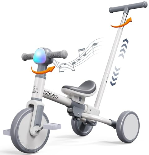 Ridego 5-in-1 Tricycle for Toddlers 2-5 Year Olds, Kids Balance Bike & Toddler Push Bike with Parent Handle, RGB Music Light, Tool-Free Assembly Birthday Gift for Boys Girls