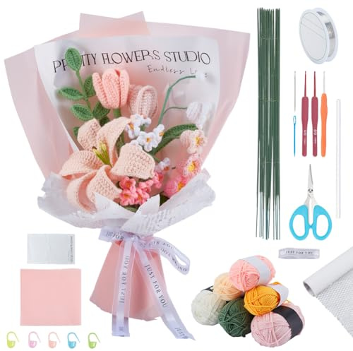 INFUNLY 12pcs/Set Crochet Flower Bouquet Kit Pink Tulip Handmade Crochet Flower Kit White Lily Knitted Flowers Making Kit with Yarn Hook Instructions for Women Wedding Graduation Birthday Gift Home