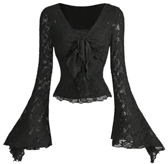 GORGLITTER Women's Lace Sheer V Neck Bow Tie Front T Shirts Bell Long Sleeve Skinny Elegant Party Goth Tops Black Large