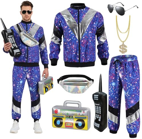 Xerteam Déguisement rétro des années 80 et 90 pour homme avec accessoires, tenue hip-hop rétro des années 80 et 90 pour adultes, avec chemise, pantalon, lunettes, collier, ballon radio et sac banane