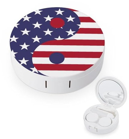 fkgvwo Contact Lens Container American Flag Taiji Travel Contact Lens Box with Mirror Tweezers Solution Bottle