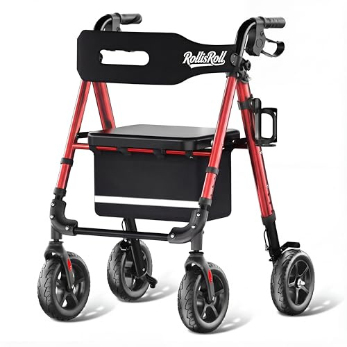 RollisRoll Walkers for Seniors Taller 5.3~7ft, Lightweight Foldable Rollator Walker, Built in Cable, Reinforced Aluminum Frame, 8 Big Rubber Wheels for All Terrain, 350lb Weight Capacity, Burgundy