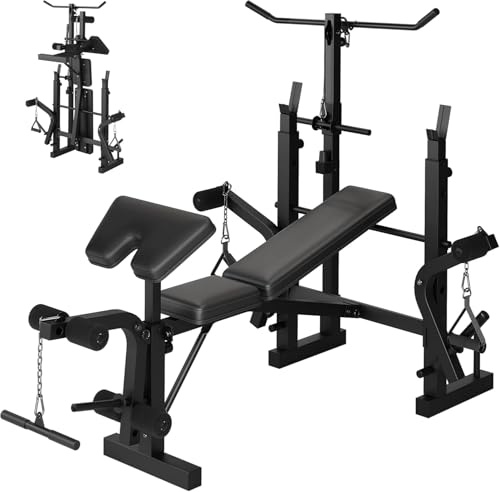 GarveeHome Multifunktionale Hantelbank Set, Klappbar Trainingsbank mit Langhantelständer Latzugturm Seilzug Latzug Butterfly Beinbeuger Training Bank für Fitness Zuhause | Bankdrückgestell, Beinstrecker, Beinbeuger, Squat-Rack und Preacher Curl, Klappbare Trainingsbank für das Heim-Fitnessstudio