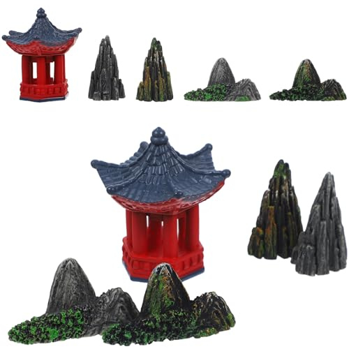 COLLBATH Set da 15 Pezzi di Statuette Miniaturizzate di Padiglioni e Montagne, Decorazioni da Giardino Resistenti all’Usura per Patio, Prato e Cortile, Ornamenti Paesaggistici Portatili