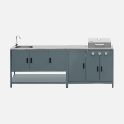 sweeek - Cuisine extérieure Naxos 2 modules Acier Inoxydable Bleu Gris Barbecue gaz 3 brûleurs avec évier